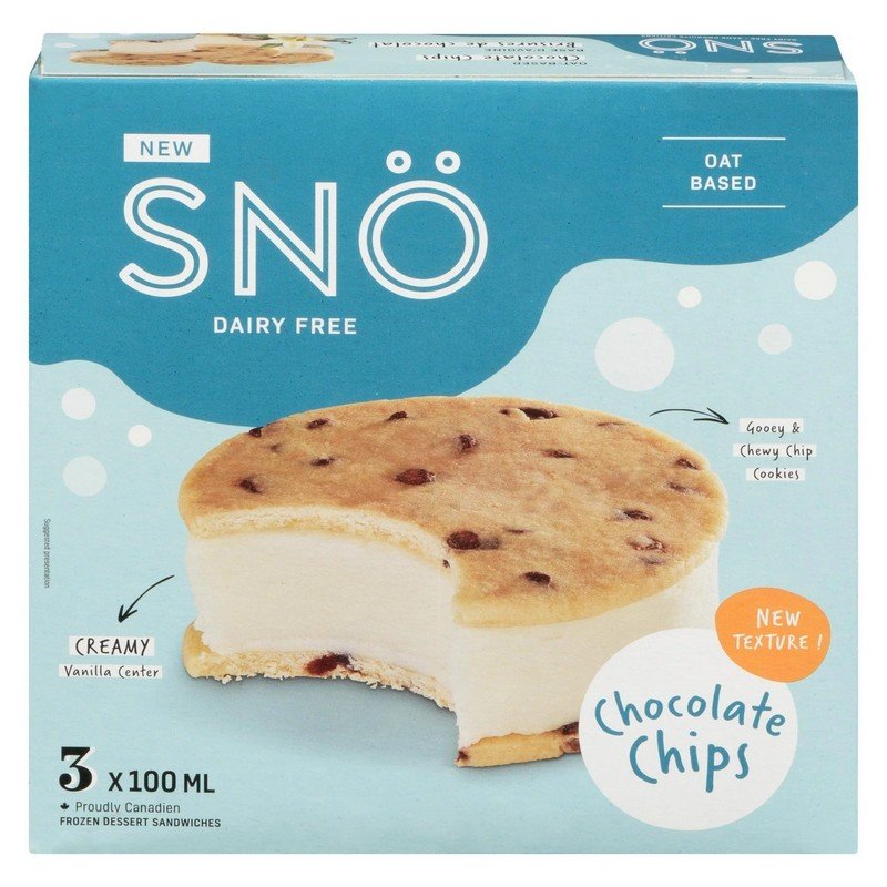 Sno Dairy Free Oat Based Chocolate Chips Frozen Dessert Sandwiches 3 x 100 ml