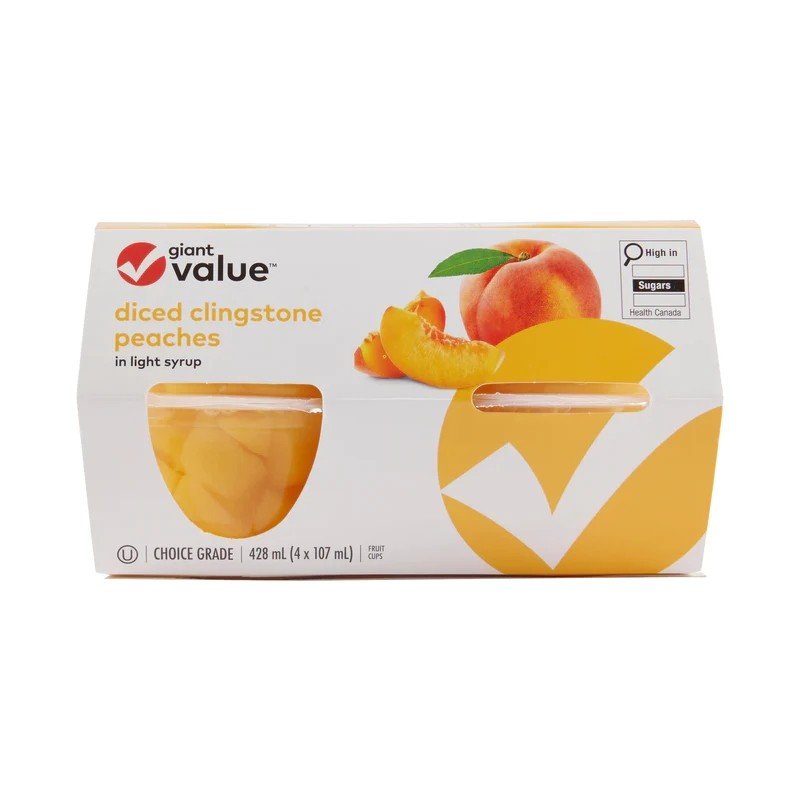 Giant Value Diced Clingstone Peaches in Light Syrup Fruit Cups 4’s