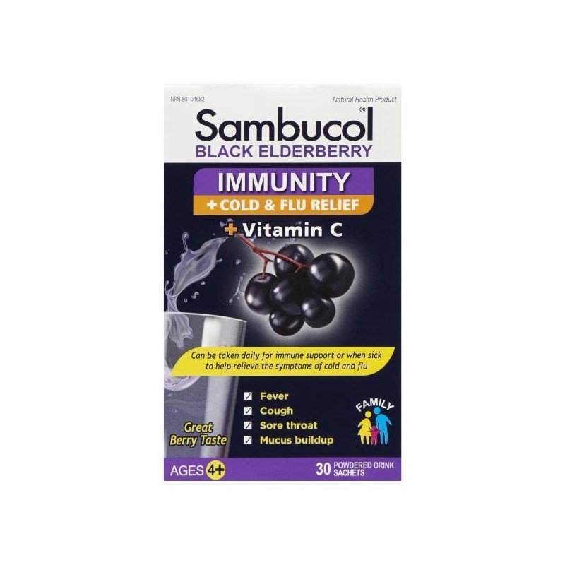 Sambucol Black Elderberry Immunity + Cold & Flu Relief + Vitamin C Great Berry Taste 30’s