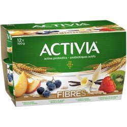 Danone Activia Yogurt Fibre Peach-Cereals Blueberry-Cereals Vanilla-Cereals Strawberry-Kiwi-Cereals 12 x 100 g