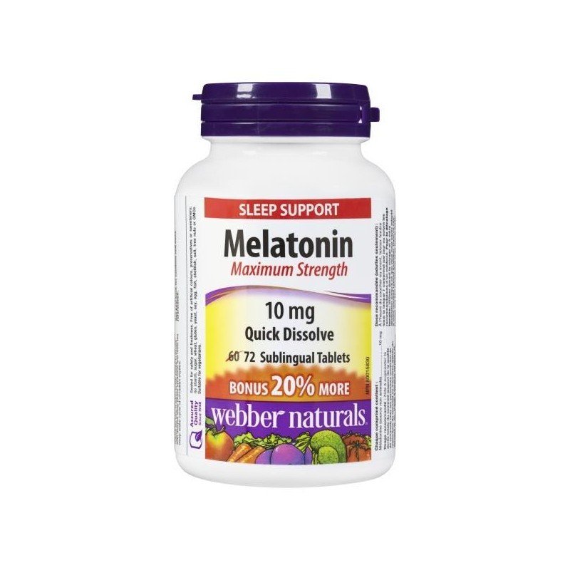 Webber Naturals Melatonin Maximum Strength 10 mg Sublingual Tablets 60 + 12 Bonus