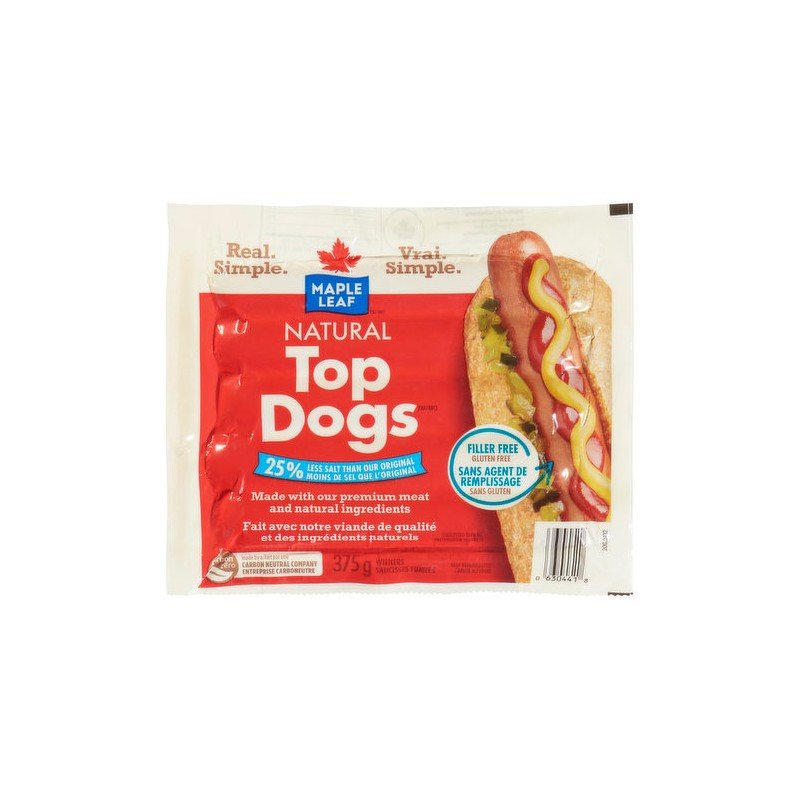 Maple Leaf Top Dogs 25% Less Salt Wieners 375 g