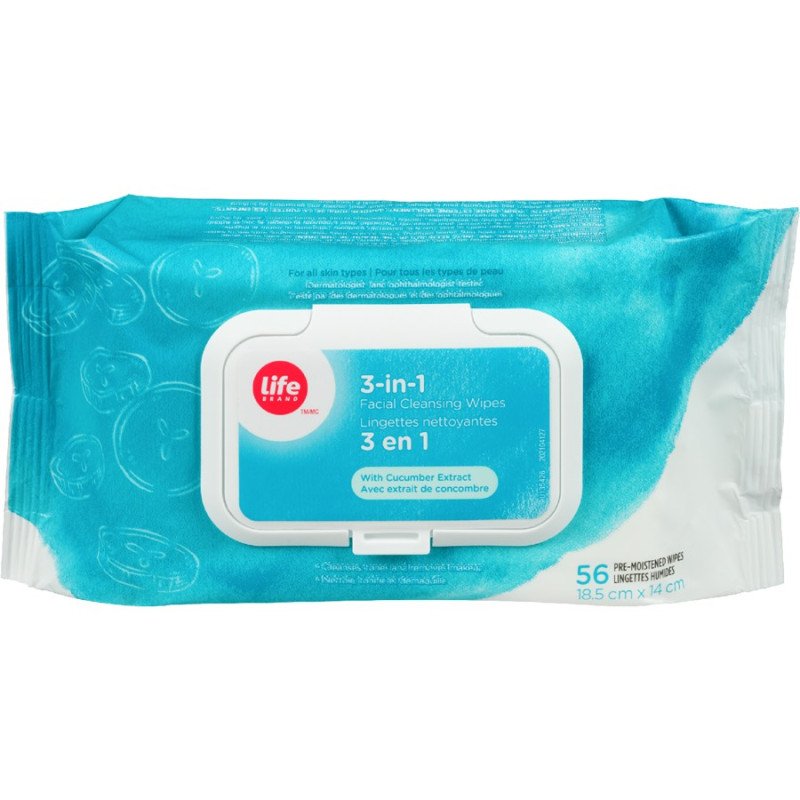 Life Brand 3-in-1 Facial Cleaning Wipes with Cucumber Extract 56’s
