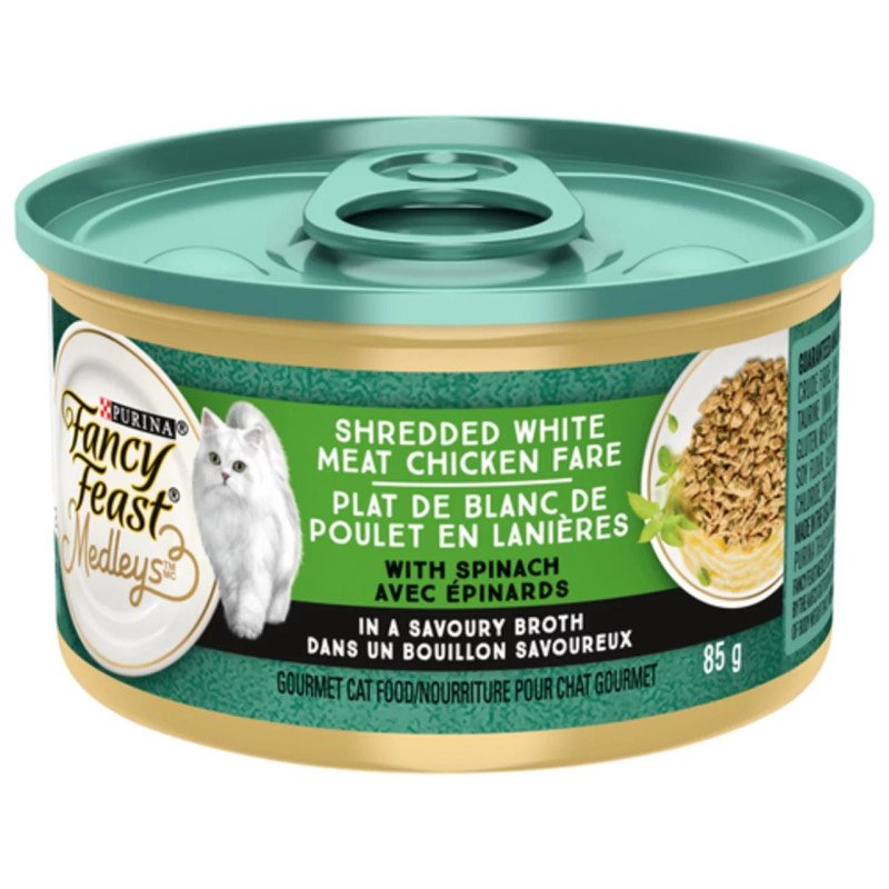 Fancy Feast Cat Food Medleys Shredded White Meat Chicken Fare with Garden Greens in a Savoury Broth 85 g