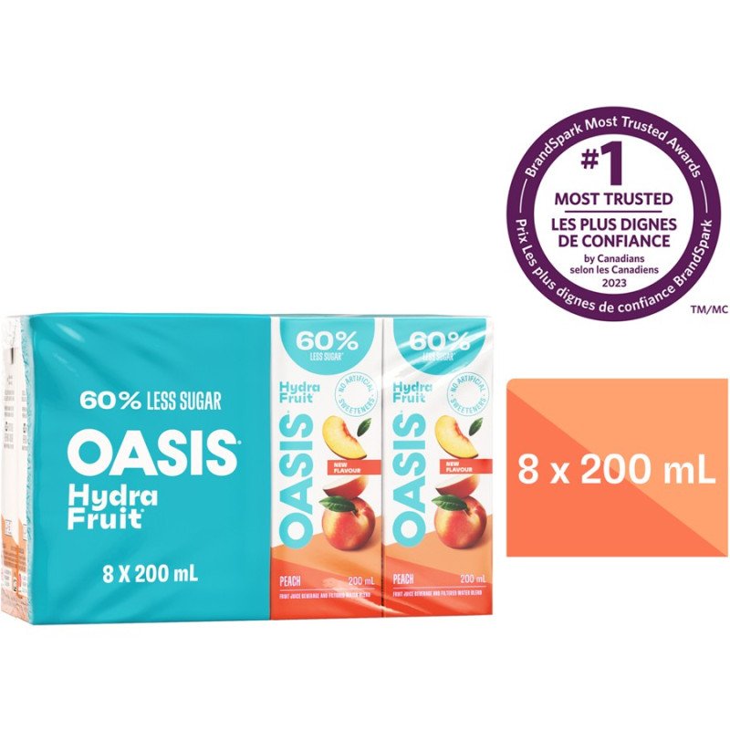 Oasis Hydra Fruit 60% Less Sugar Peach 8 x 200 ml