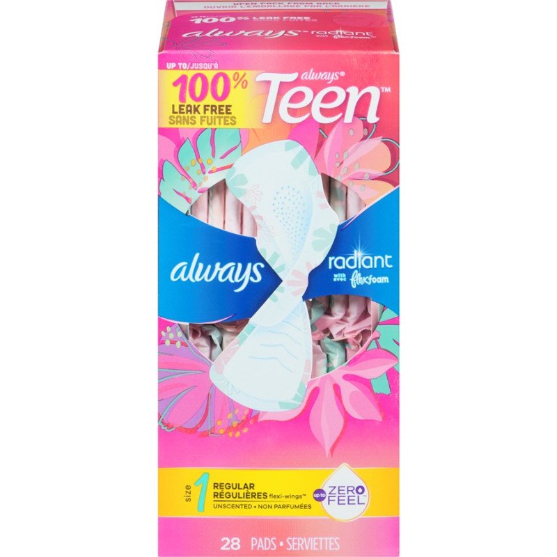 Always Teen Radiant with Flex Foam 1 Regular Pads with Wings Unscented 28's