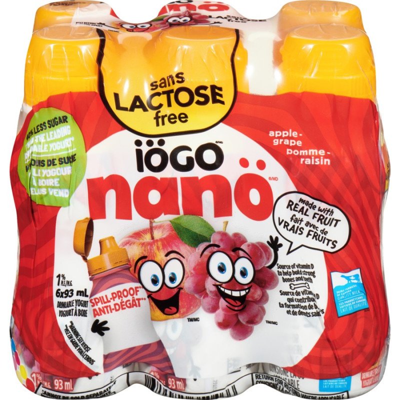 Iogo Nano Lactose Free Drinkable Yogurt Apple Grape 1% 6 x 93 ml