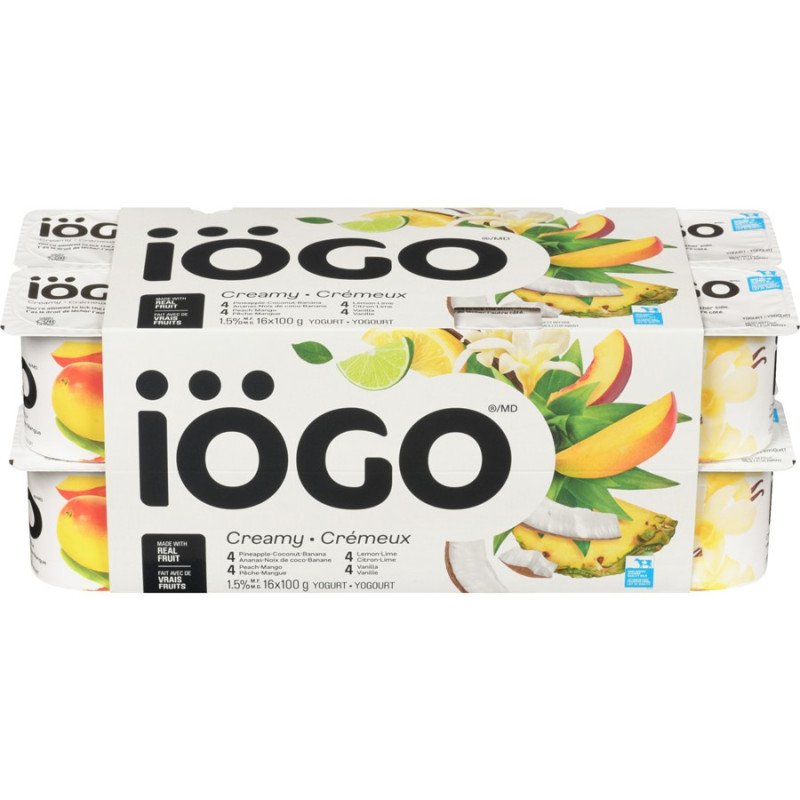 Iogo Yogurt Creamy Pineapple-Coconut-Banana Orange-Mandarin Raspberry Peach-Mango 1.5% Fat 16 x 100 g