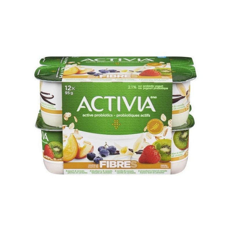 Danone Activia Yogurt Fibre Peach-Cereals Blueberry-Cereals Vanilla-Cereals Strawberry-Kiwi-Cereals 12 x 95 g