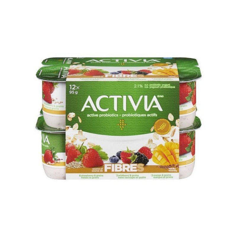 Danone Activia Yogurt Fibre Strawberry-Grains Wildberry-Grains Mango-Grains 12 x 95 g