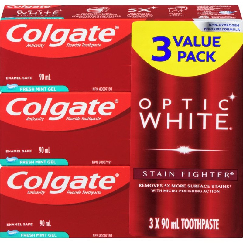 Colgate Optic White Stain Fighter Toothpaste Fresh Mint Gel Value Pack 3 x 90 ml