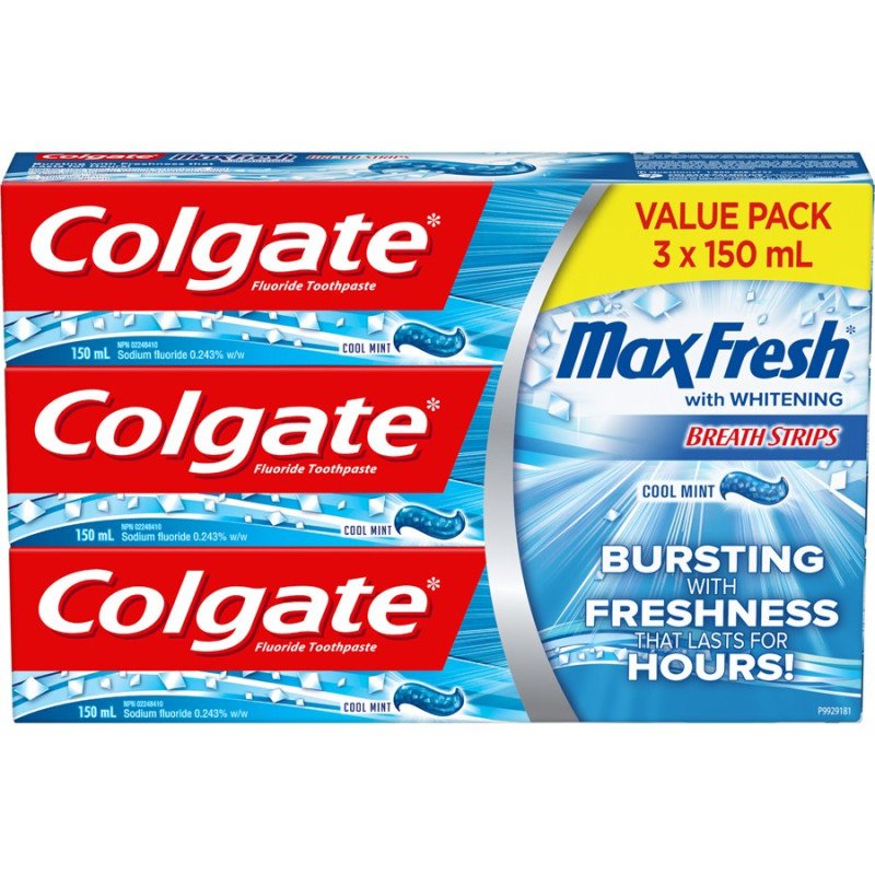 Colgate MaxFresh with Whitening Breath Strips Toothpaste Cool Mint Value Pack 3 x 150 ml