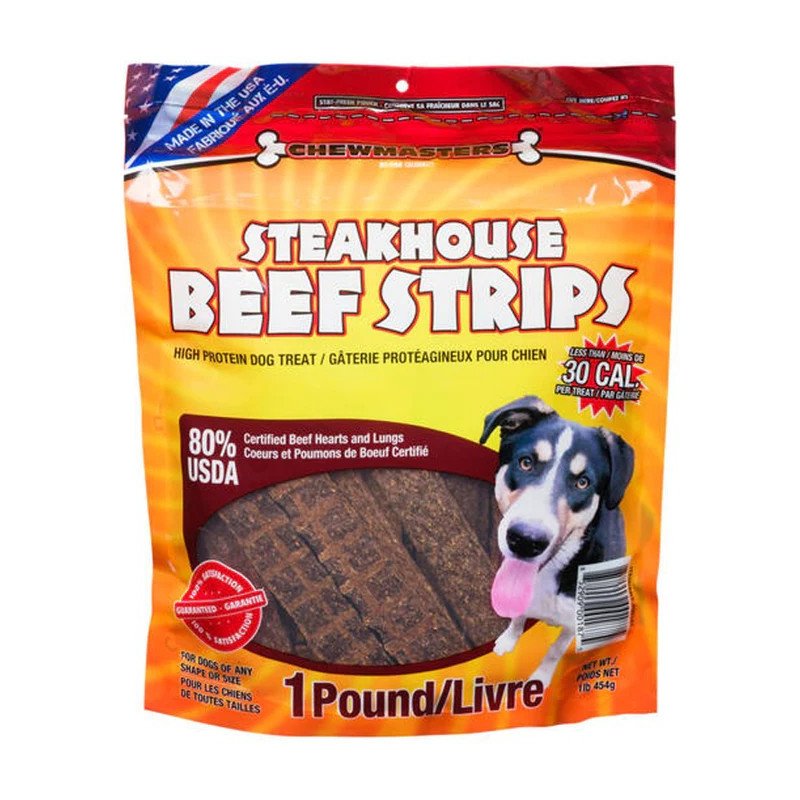 Chewmasters Steakhouse Beef Strips Dog Treats 454 g