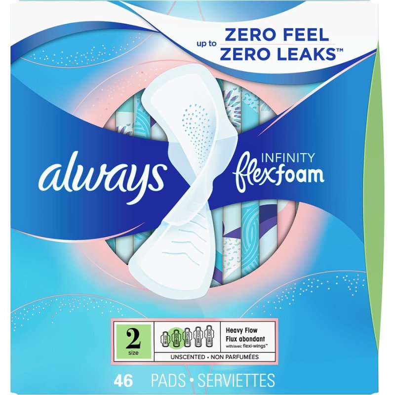 Always Infinity Flex Foam 2 Heavy Flow Unscented Pads with Wings 46's