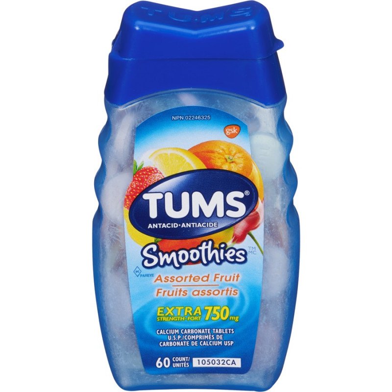 Tums Smoothies Extra Strength 750 mg Assorted Fruit 60's