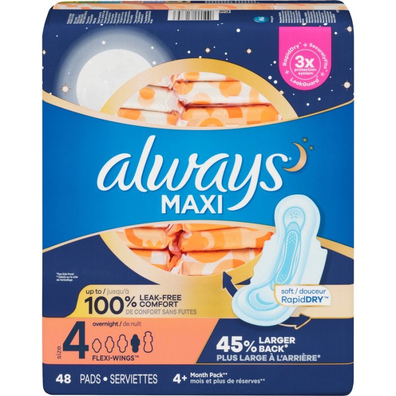 Always Maxi Pads Size 4 Overnight with Wings 48’s