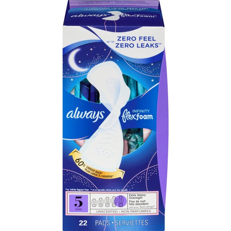 Always Infinity Flex Foam 5 Extra Heavy Overnight Unscented Pads with Wings 22's
