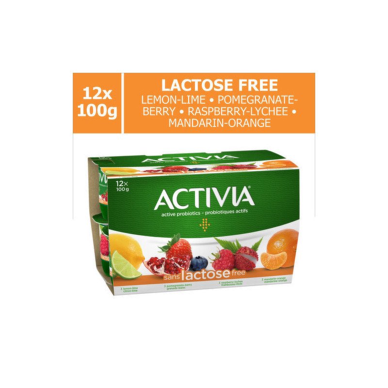 Danone Activia Yogurt Lactose Free Lemon-Lime Pomegranate-Berry Raspberry-Lychee Mandarin-Orange 12 x 100 g