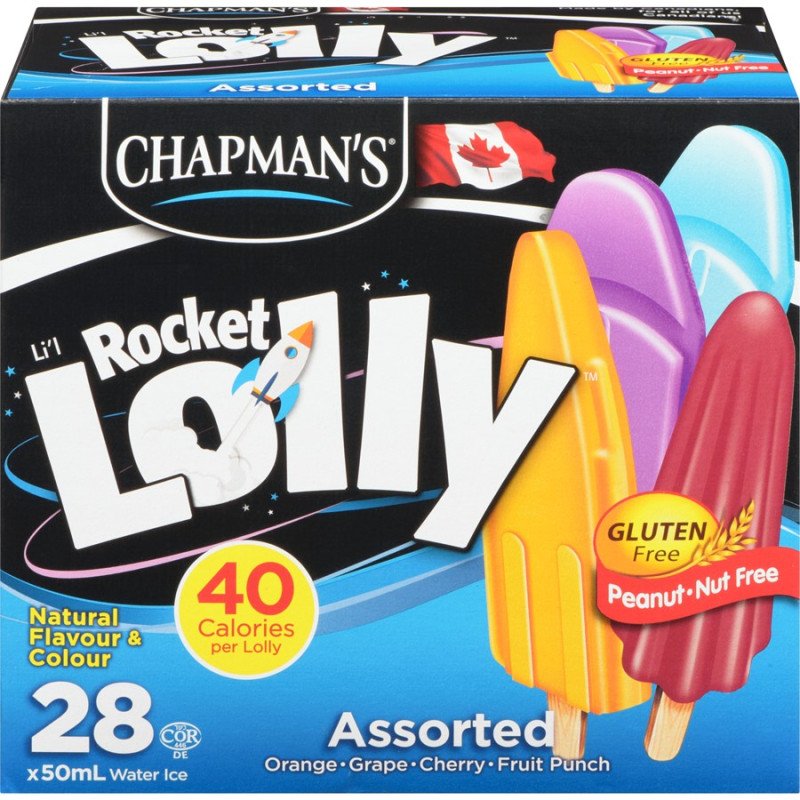 Chapman's Li'l Rocket Lolly Assorted Orange Grape Cherry Fruit Punch Water Ice 28's