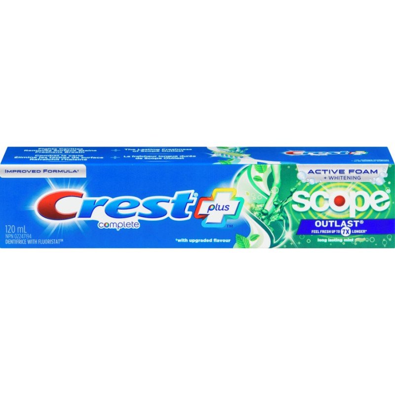 Crest Complete Plus Scope Active Foam + Whitening Toothpaste Outlast Long Lasting Mint 120 ml