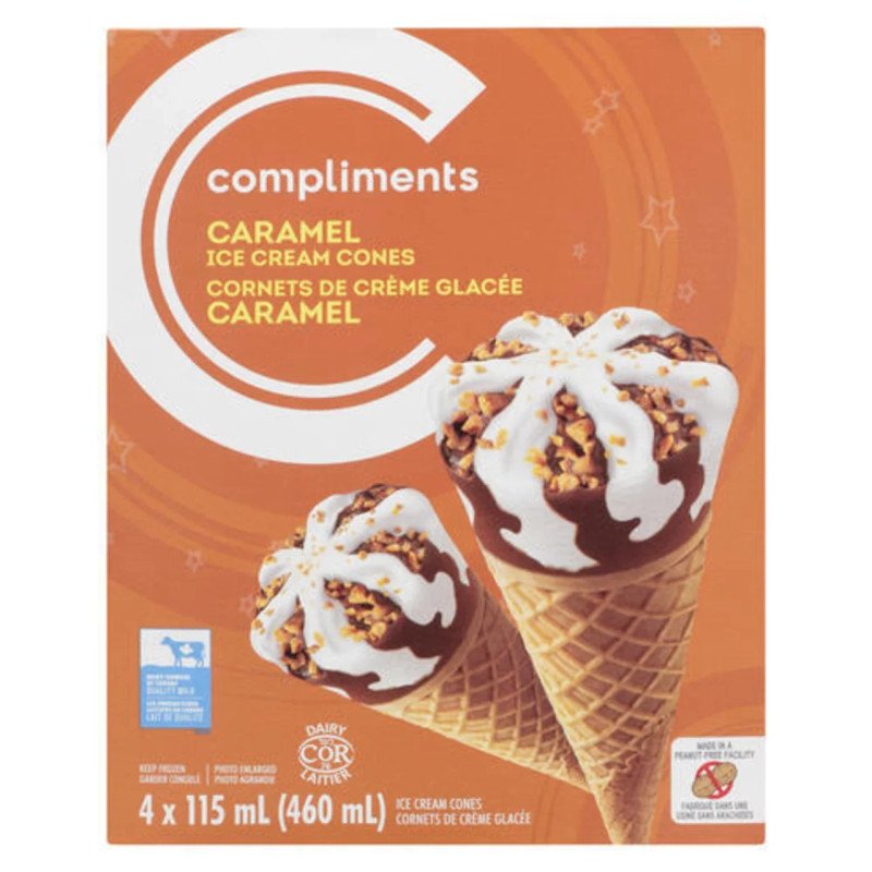 Compliments Caramel Ice Cream Cones 4 x 115 ml