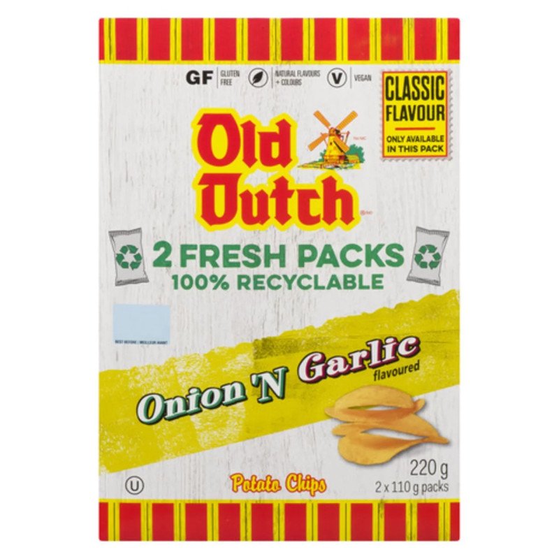 Old Dutch Twin Pack Potato Chips Onion & Garlic 220 g