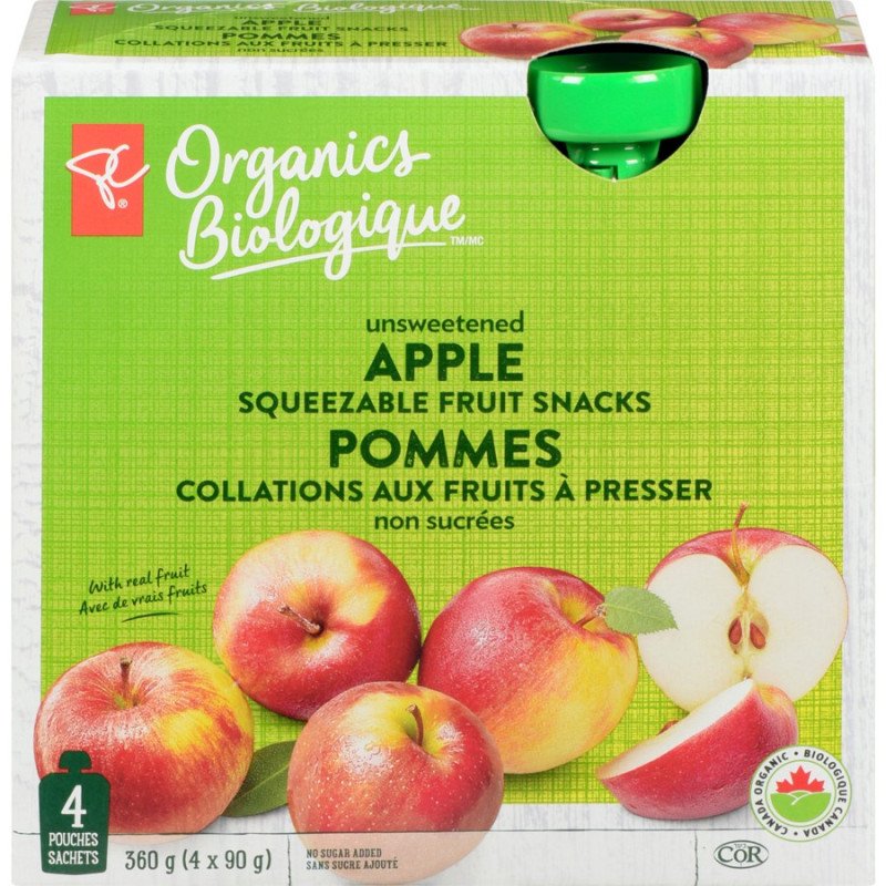 PC Organics Unsweetened Apple Squeezable Fruit Snacks 4 x 90 ml