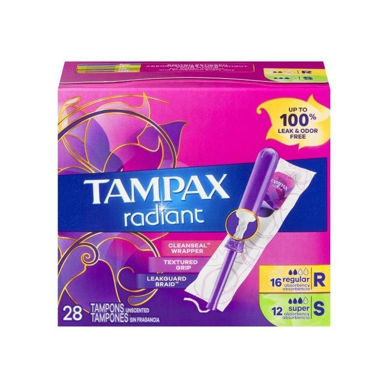 Tampax Radiant Tampons Duo Pack 16 Regular 12 Super Absorbency Unscented 28's