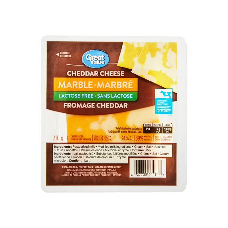 Great Value Cheese Slices Marble Cheddar Lactose Free 11's 210 g