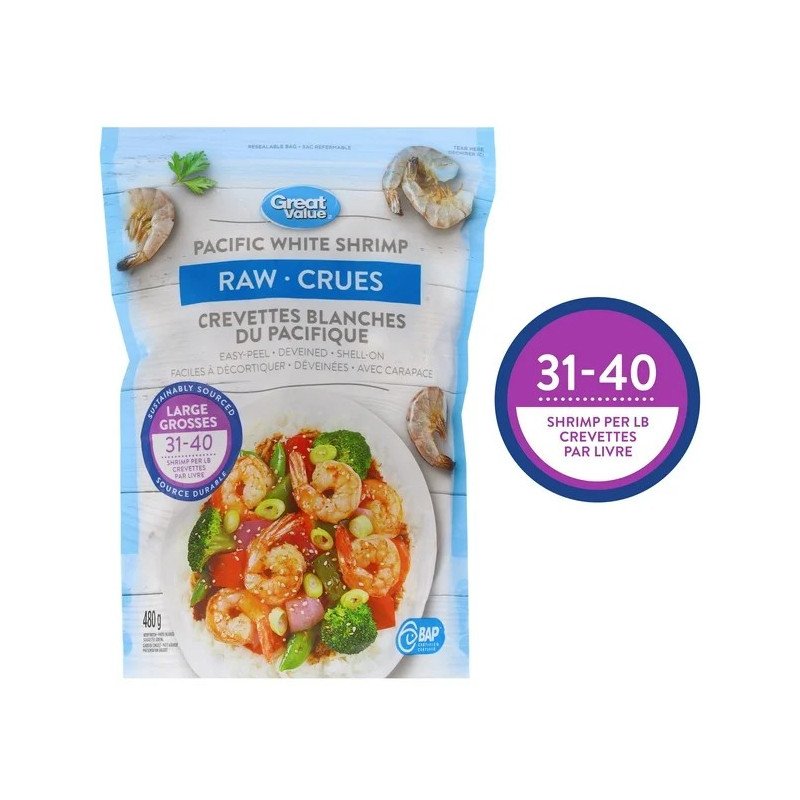 Great Value Pacific White Shrimp Raw 31-40 480 g