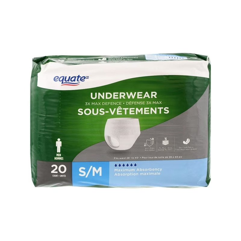 Equate Maximum Absorbency Men's Underwear S/M 20's