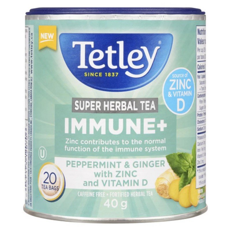 Tetley Super Herbal Tea Immune+ Peppermint & Ginger with Zinc and Vitamin D 20's