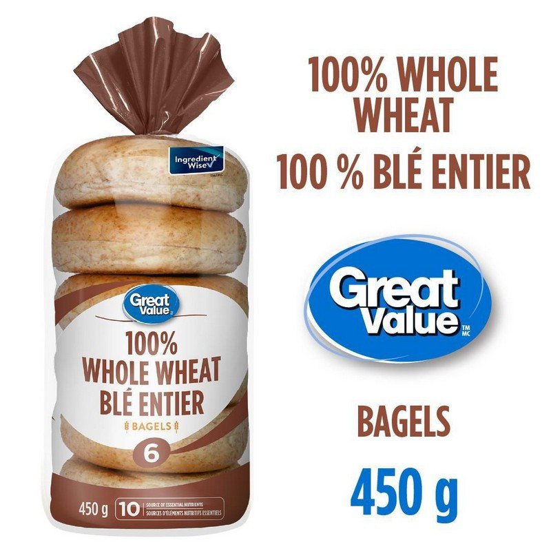Great Value 100% Whole Wheat Bagels 6's 450 g