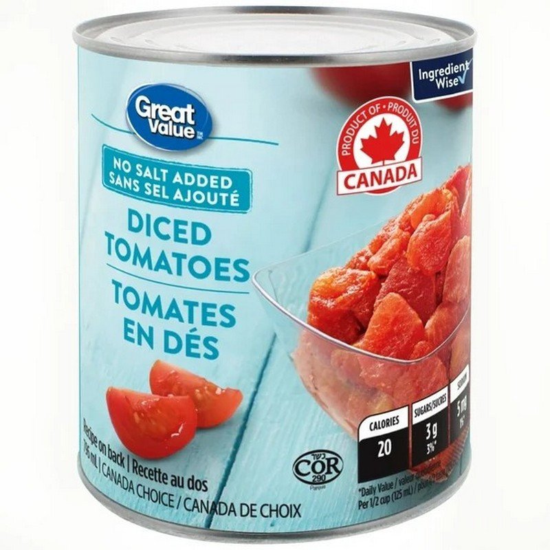 Great Value No Salt Added Diced Tomatoes 796 ml